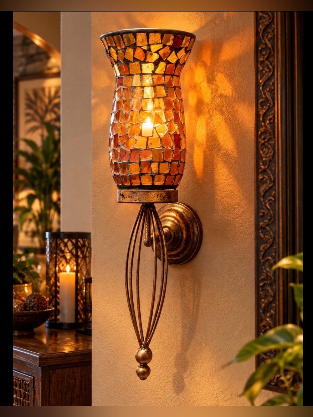 18” Amber Gold Mosaic Glass Wall Sconce Candle Holder Boho Decor